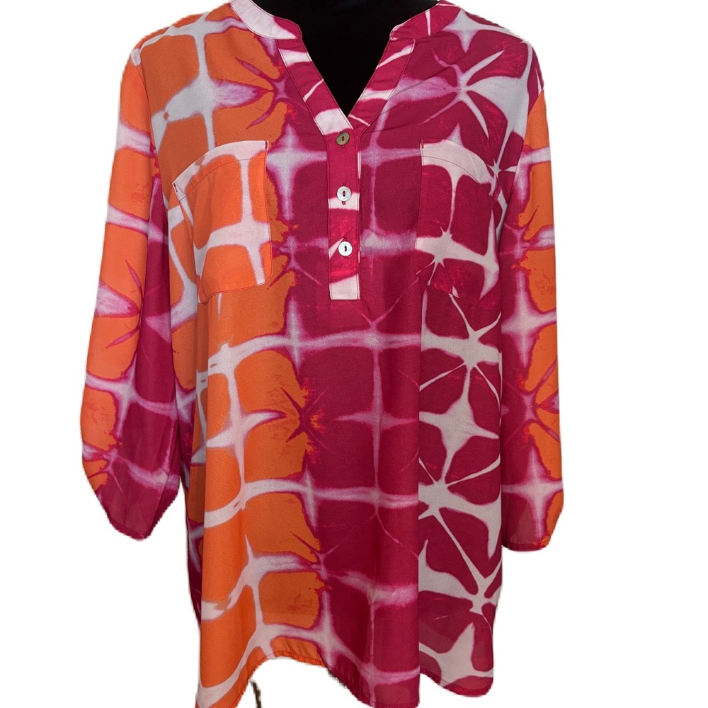 Chico's Orange and Pink 3/4 Sleeve Blouse with Mandarin Collar
